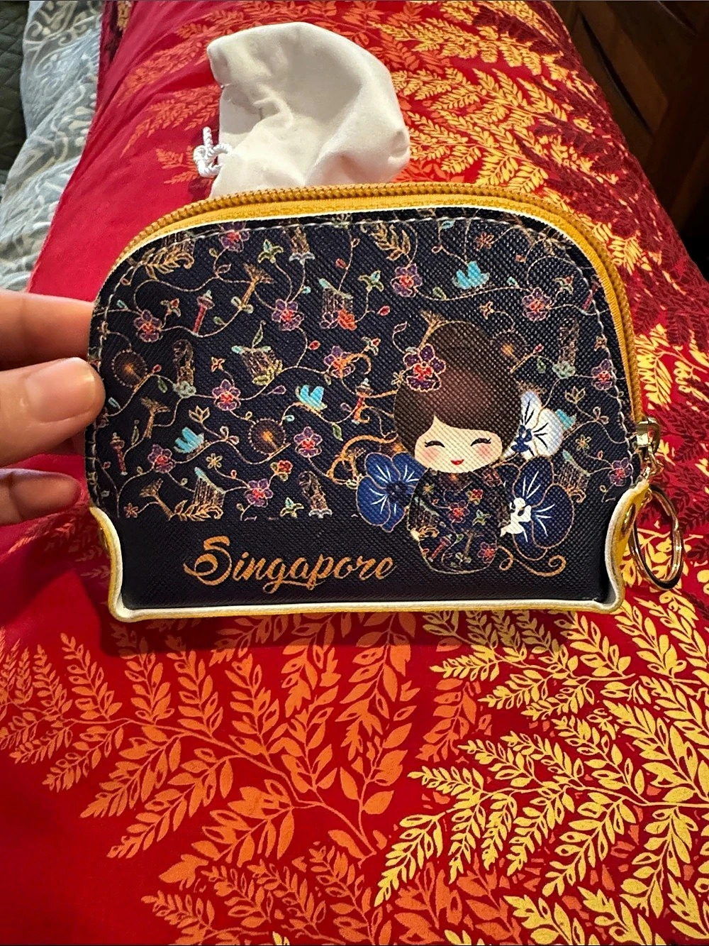 Singapore souvenir pouch Floral Cosmetic Pouch in Black & Gold Like New